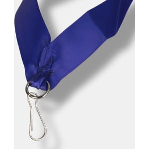 A blue ribbon lanyard with a metal clip, featuring a smooth satin-like finish and a simple design.