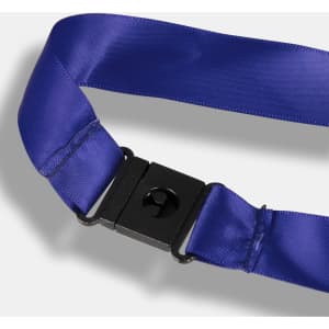 A purple ribbon lanyard with a black buckle clasp, designed for holding badges or keys.
