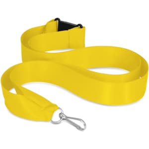 A yellow ribbon lanyard with a metal clip and adjustable buckle. Features a smooth, satin-like finish.