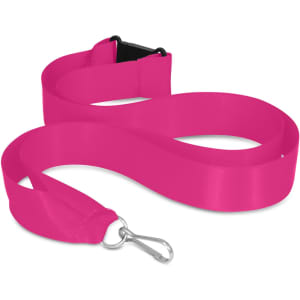 A bright pink ribbon lanyard with a clip attachment and a safety breakaway feature.