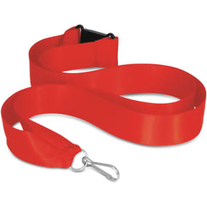 A red ribbon lanyard with a detachable clip for holding ID cards or keys.