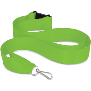 A bright green ribbon lanyard featuring a secure clasp at one end for attaching items.