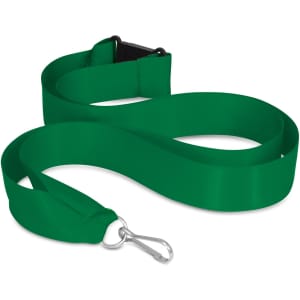 A green ribbon lanyard featuring a detachable clip and a smooth, flat design.