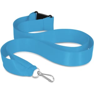 A blue ribbon lanyard with a clip attachment. The lanyard is smooth and flat, coiling in a looping shape.