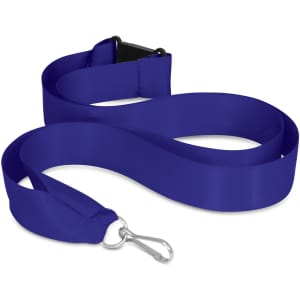 A blue ribbon lanyard with a clip attachment.