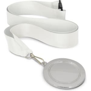 A Podium Medal featuring a 65mm silver circular medal attached to a white ribbon with a clip.