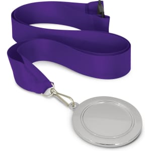 A podium medal measuring 65mm with a silver circular medal attached to a purple ribbon.
