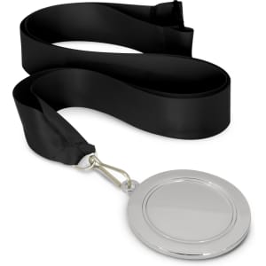 A podium medal with a shiny silver circular pendant and a black ribbon for wearing around the neck.