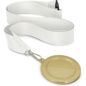 A gold podium medal with a blank center and a white lanyard for wearing or display.