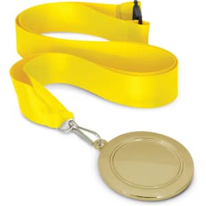 A podium medal with a shiny gold finish, accompanied by a bright yellow ribbon for wearing around the neck.