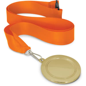 A gold podium medal with a smooth surface attached to an orange satin ribbon.