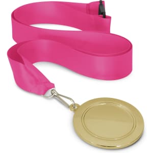 A gold podium medal with a smooth, blank surface and a vibrant pink ribbon attached for wearing.