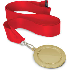 A gold podium medal with a smooth surface, attached to a red satin ribbon.
