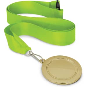A podium medal with a 65mm gold-colored medallion attached to a bright green ribbon.