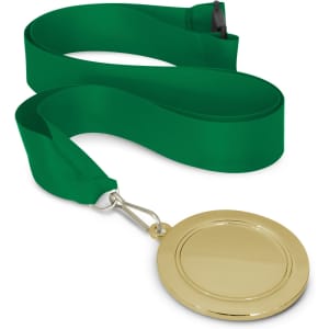 A gold podium medal measuring 65mm, attached to a green ribbon.