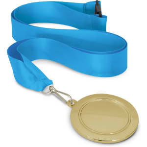 A gold podium medal featuring a smooth, circular design, attached to a blue satin ribbon.
