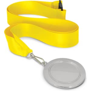 A podium medal featuring a 65mm silver medal and a yellow ribbon strap.