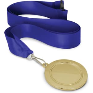 A gold podium medal with a 65mm diameter, attached to a blue ribbon.