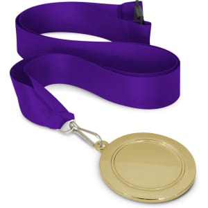 A podium medal with a 65mm gold medal attached to a purple satin ribbon.