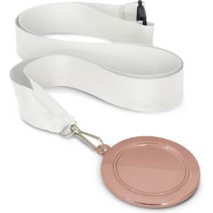 A podium medal with a 65mm diameter and a shiny rose gold finish, attached to a white ribbon with a clip.
