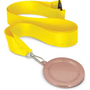 A podium medal featuring a 65mm round medal with a smooth surface and a yellow ribbon.