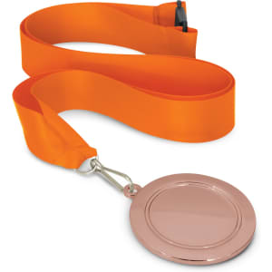 A podium medal with a shiny rose gold finish, attached to an orange satin ribbon.