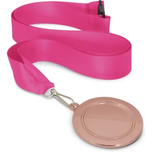 A podium medal with a sleek rose gold finish and a pink satin ribbon for wearing around the neck.