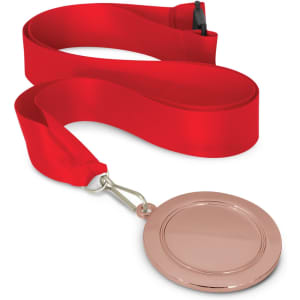 A podium medal with a 65mm diameter, featuring a shiny rose gold finish, attached to a red ribbon.