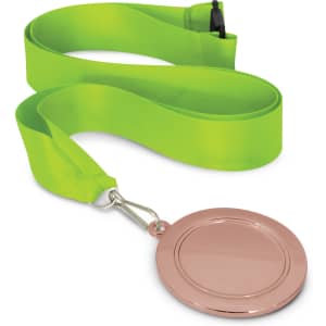 A podium medal with a 65mm shiny copper-colored disc attached to a bright green satin ribbon.