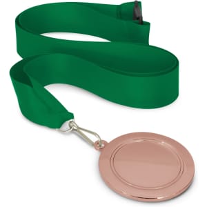 A podium medal with a 65mm diameter, featuring a rose gold-colored medal attached to a green ribbon.