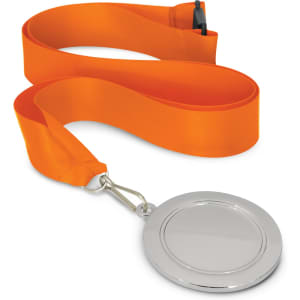 A podium medal with a 65mm silver disc and an orange satin ribbon for wearing around the neck.