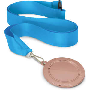 A podium medal featuring a rose gold medal attached to a blue satin ribbon. The medal has a smooth, round surface.