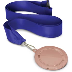 A podium medal with a 65mm diameter, featuring a blank, shiny copper-colored center and attached to a blue ribbon.