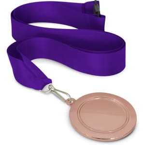 A podium medal featuring a 65mm round metal disc with a polished surface, attached to a purple satin ribbon.