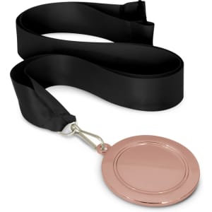 A podium medal with a 65mm diameter, featuring a shiny rose-gold finish, attached to a black satin ribbon with a clip.