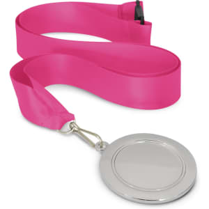 A silver podium medal with a blank centre, attached to a pink ribbon.