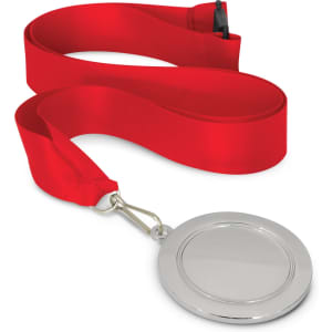 A silver podium medal with a plain centre, attached to a red satin ribbon.