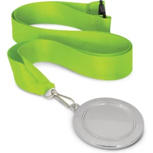 A Podium Medal with a blank silver circular medal attached to a bright green ribbon.