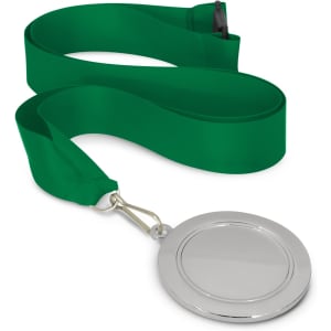 A podium medal with a 65mm silver medal attached to a green ribbon.