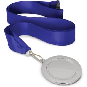 A 65mm podium medal with a shiny silver finish, accompanied by a blue satin ribbon for wearing.