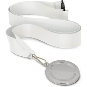 A silver podium medal with a 50mm round design attached to a white ribbon.