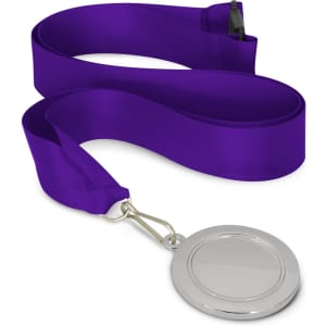 A podium medal with a 50mm silver disc and a purple ribbon.