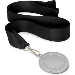 A podium medal with a 50mm round metal pendant and a black ribbon. The pendant is blank and can be personalized.