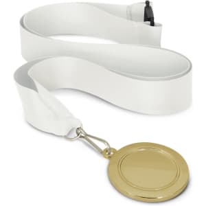 A gold podium medal with a smooth, round design attached to a white ribbon.