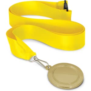 A podium medal with a 50mm gold-colored circular medallion attached to a bright yellow ribbon.