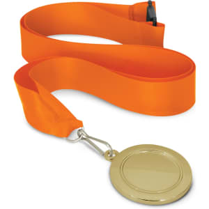 A podium medal featuring a 50mm gold medal attached to an orange ribbon.