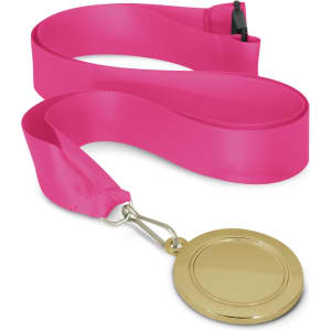 A gold medal with a blank centre, attached to a pink ribbon. The ribbon has a clip.