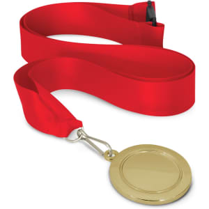 A gold podium medal with a 50mm diameter attached to a red ribbon.