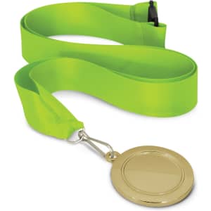 A gold podium medal with a blank center, attached to a vibrant green ribbon.