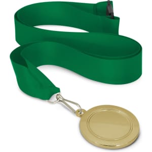 A podium medal with a 50mm gold circular medal attached to a green ribbon.